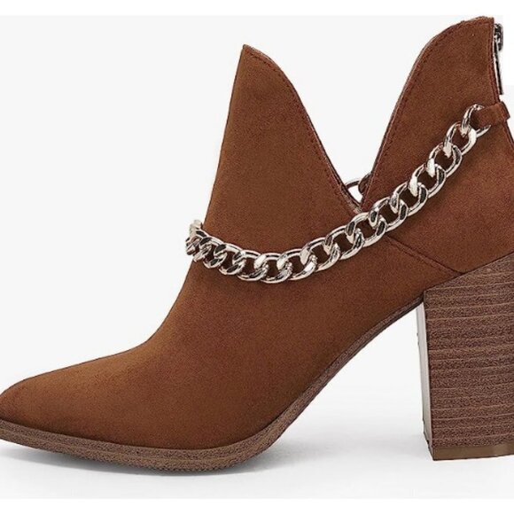 Cutout Booties Chain Pointed Toe Stacked High Heel Back Zipper, Size 9.5 - Picture 4 of 8